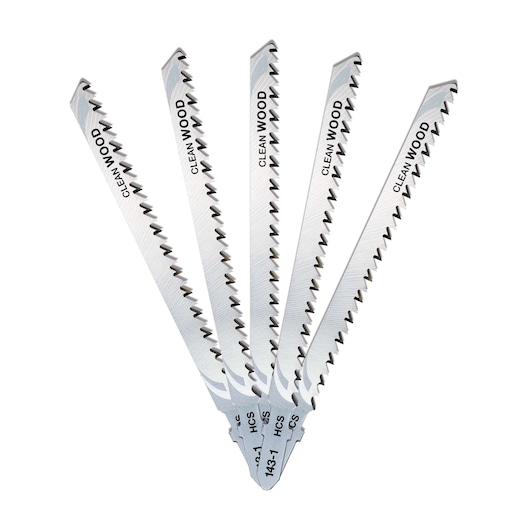 Five DEWALT jigsaw blades for clean wood cutting, arranged in a fan shape on a white background.