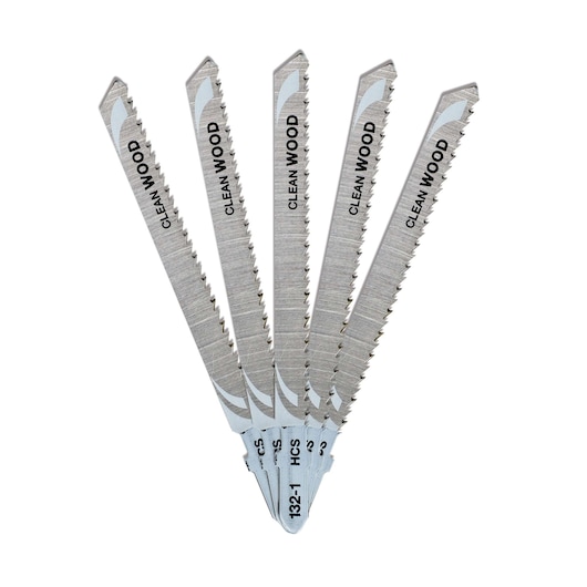 Five DEWALT jigsaw blades for clean wood cutting, fanned out and displayed on a white background.