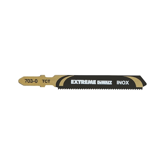DEWALT DT2055 Extreme INOX jigsaw blade with gold and black finish, designed for cutting stainless steel.