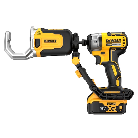 DEWALT DT20560 18V XR cordless brushless photography tool with a unique attachment, shown in yellow and black, with a 5Ah battery.