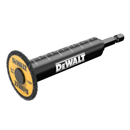 DEWALT DT20563 rotary abrasive tool with black handle and yellow disc, designed for cutting or grinding tasks.