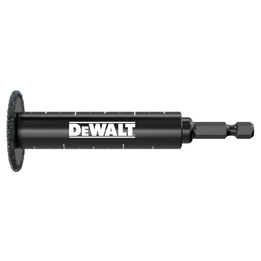 DEWALT black abrasive cutting tool with hex shank and circular blade for precise cutting applications.