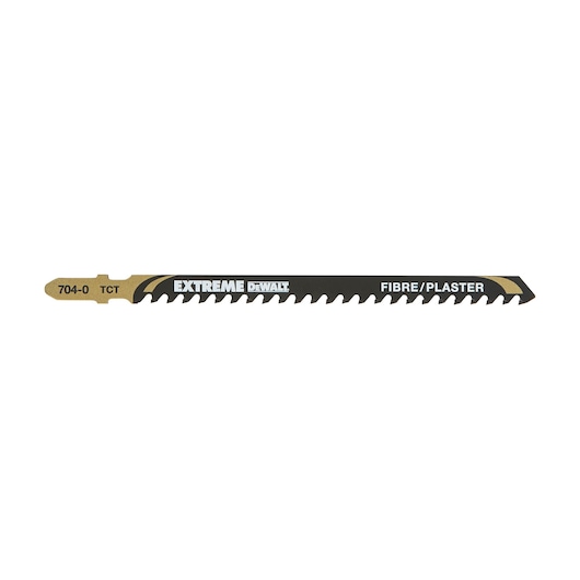 A DEWALT Extreme jigsaw blade labeled Fibre/Plaster, with alternating teeth and a gold and black color scheme. Model number 704-0 TCT is visible on the left.