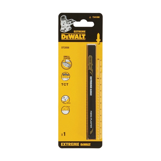 Packaged DEWALT DT2056 Extreme Series TCT jigsaw blade for fibre and plaster, single blade, shown in yellow and black packaging with technical icons and a ruler displayed.