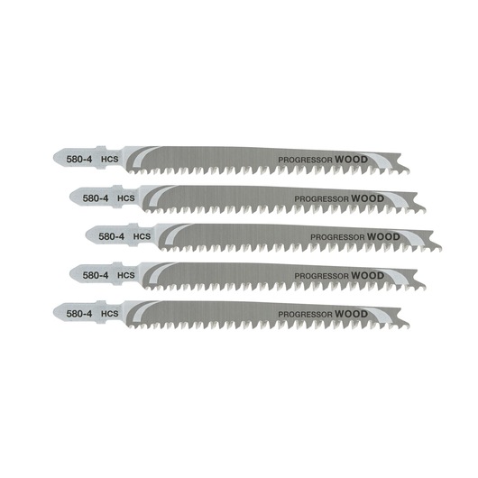 Five DEWALT DT2057 wood cutting jigsaw blades shown in a row, silver color, sharp teeth.