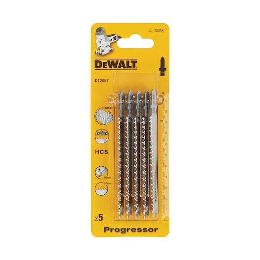 DEWALT DT2057 Progressor jigsaw blades, pack of 5 for wood cutting, shown in yellow retail packaging.