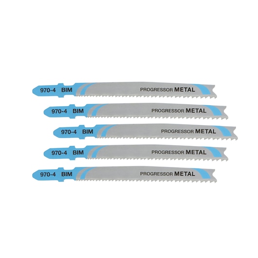Set of five DEWALT DT2058 metal cutting jigsaw blades with blue and silver design, labeled BIM and Progressor Metal.
