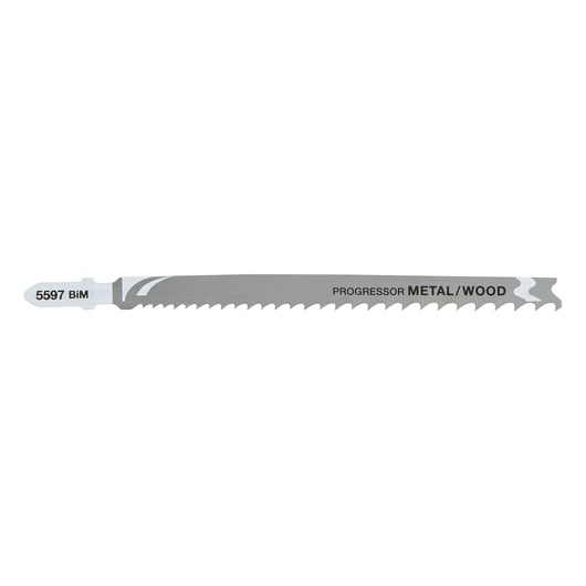 A DEWALT jigsaw blade for cutting metal and wood, silver color, model DT2059 with progressive teeth.