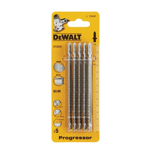DEWALT DT2059 Progressor jigsaw blades pack of 5 for wood and metal cutting, shown in yellow packaging.