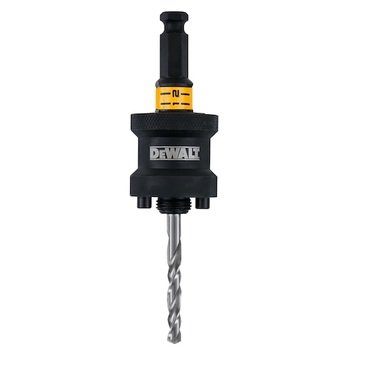 A DEWALT branded hole saw mandrel with a drill bit attachment, designed for use with power tools. The product features a robust black body with a yellow gauge for measurements, and a metallic drill bit at the bottom.