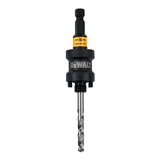 DEWALT DT20626 drill bit with yellow markings and a black hex shank, shown against a white background.