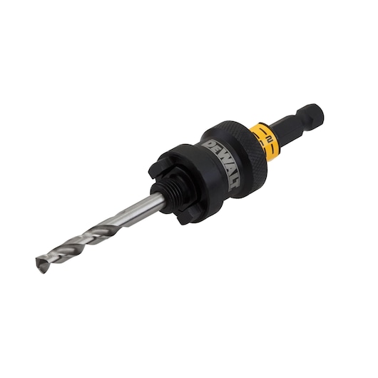 DEWALT drill bit accessory with black and yellow grip, designed for power tools, shown on white background.