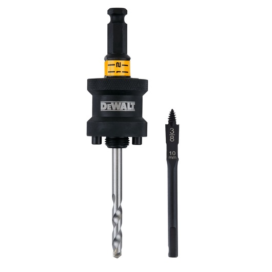 DEWALT drill bit and extractor set with a 3/8 inch, 10 mm size. Two pieces shown vertically on white background.