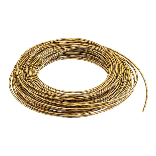 Coiled yellow and black trimmer line on a white background for garden tool use.