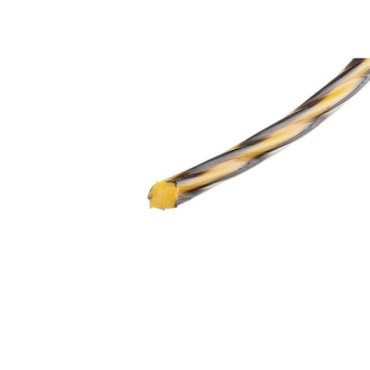 Close-up of a yellow and black twisted replacement trimmer line with exposed end, on white background.