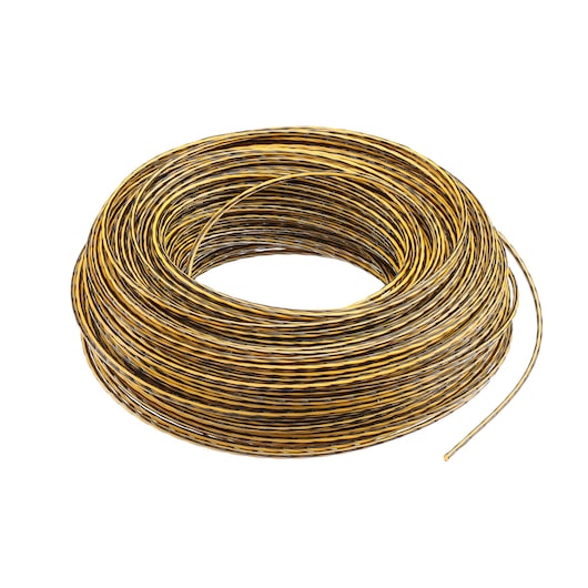 Coiled spool of yellow and black wire on a white background.