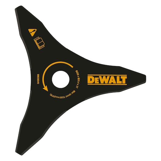 DEWALT tri-blade cutting attachment, black with yellow logo and markings, center hole for mounting.