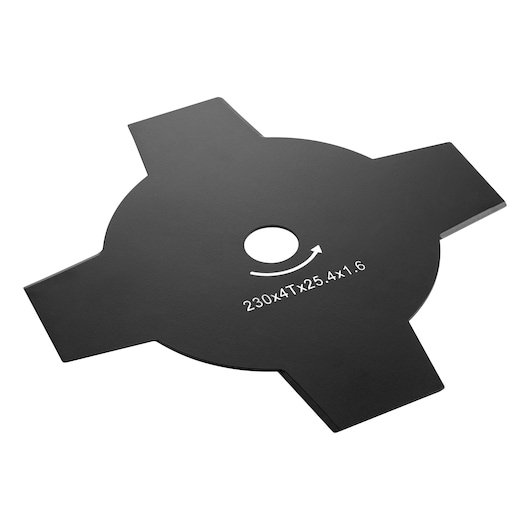 Four-edged DEWALT metal cutting blade with central hole, labeled 230x4Tx25.4x1.6, for power tools.