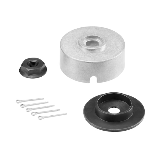 A DEWALT DT20657 kit containing several hardware components including a metal cap, a black washer, a nut, and four cotter pins, arranged on a white background.