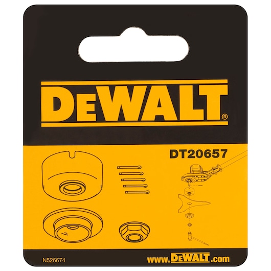 DEWALT DT20657 package with parts diagrams for a trimmer accessory, yellow and black design.