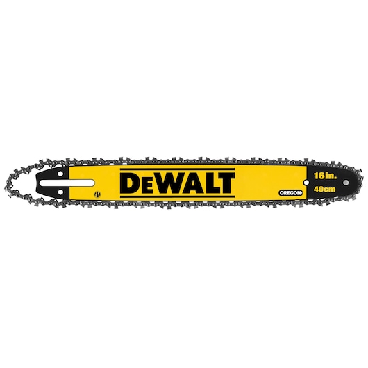 DEWALT 16 inch chainsaw bar with chain, yellow and black, Oregon branding, product for cutting wood.