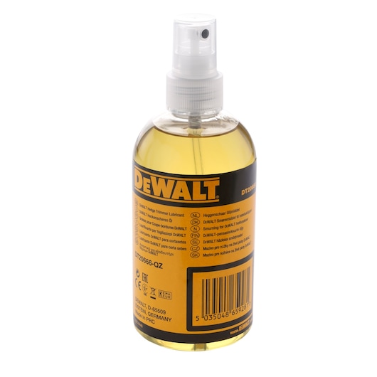 DEWALT DT20666 hedge trimmer lubricant in a clear plastic spray bottle with yellow fluid and product label.