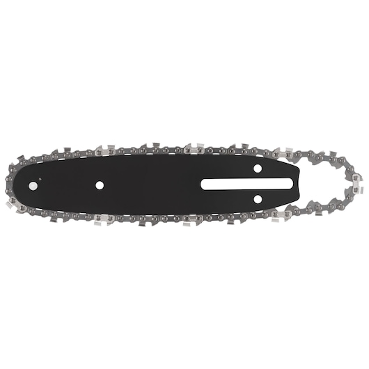 A DEWALT replacement chainsaw bar and chain set, shown isolated on a white background. The bar is black with mounting holes and the metal chain is looped around the bar.