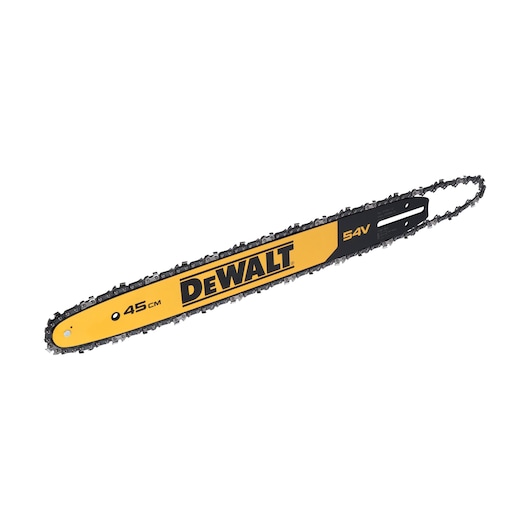 DEWALT 45cm 54V chainsaw bar with chain, yellow and black, designed for power tools.