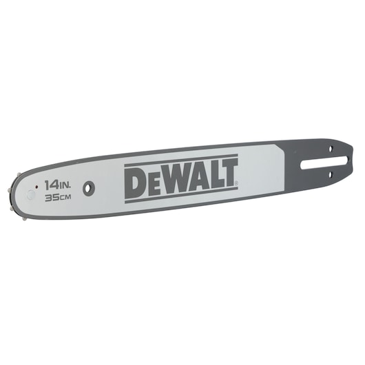 DEWALT 14 inch (35 cm) chainsaw guide bar, gray and black, designed for use with chainsaws.