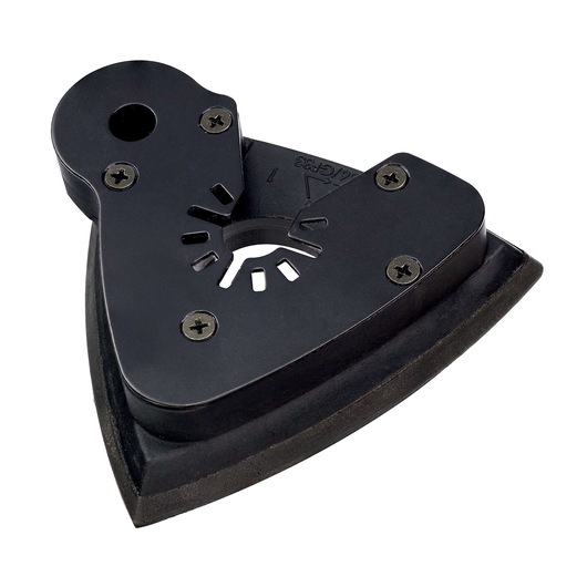 A close-up image of a DEWALT DT20700 multi-tool sanding pad accessory, designed for use with oscillating tools. The pad is triangular in shape and features screw attachments on its surface.