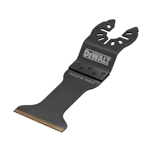 A DEWALT oscillating multi-tool blade, specifically designed for cutting wood with nails. The blade is black with 'DEWALT' branding and teeth at the edge for cutting.