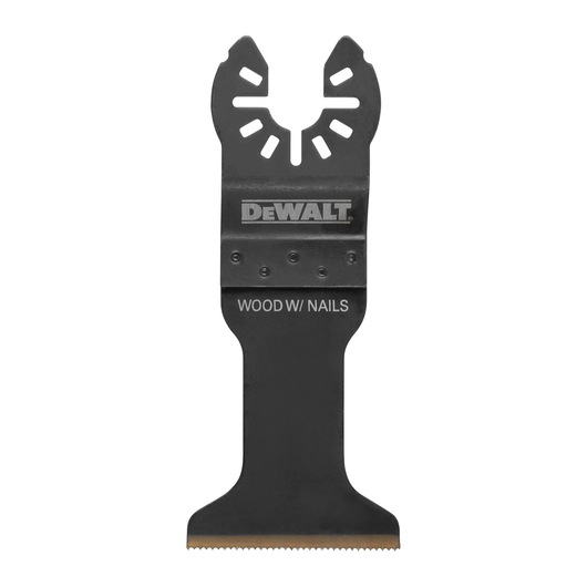 A DEWALT branded oscillating tool blade designed for cutting wood with nails, shown upright with visible teeth at the bottom edge.