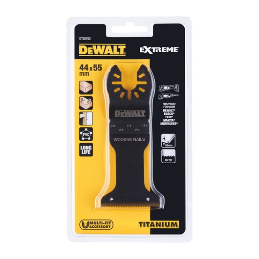 Packaging of a DEWALT Extreme titanium multi-fit accessory oscillating saw blade, model DT20702, suitable for cutting wood with nails and PVC, measuring 44 x 55 mm, designed for long life.