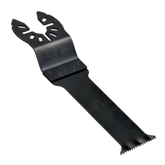 DEWALT DT20703 black metal multi-tool accessory blade for cutting, featuring a flat blade end with sharp teeth and a universal fitting.
