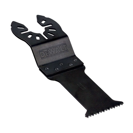DEWALT DT20704 black multitool blade with jagged teeth for cutting, shown isolated on a white background.