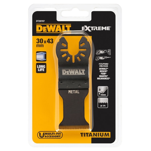 DEWALT DT20707 titanium multi-fit metal blade, 30x43mm, in packaging for oscillating tools.
