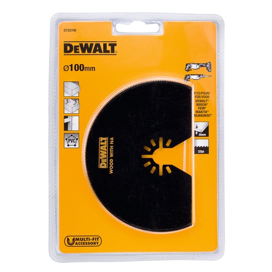 Packaged DEWALT DT20708 100mm multi-fit accessory saw blade for wood and PVC, featuring a black semicircular blade inside yellow packaging with compatibility information for various tool brands.