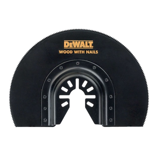 DEWALT half-moon saw blade for cutting wood with nails, black metal with teeth.