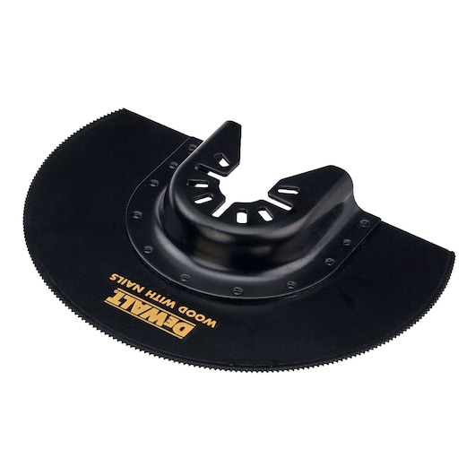 DEWALT DT20710 black circular saw blade for wood with nails, designed for oscillating tools.