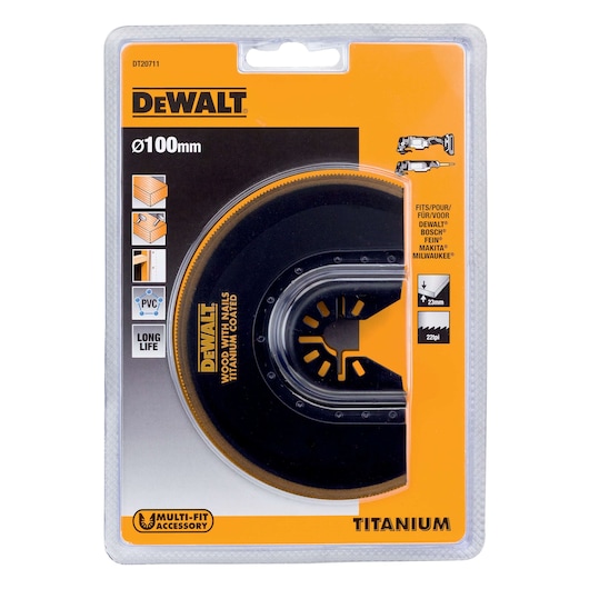 Packaged DEWALT DT20711 titanium-coated wood cutting accessory for multi-fit oscillating tools, 100mm diameter, suitable for cutting materials such as wood with nails and PVC.