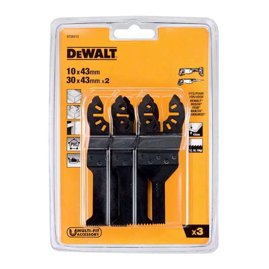 Pack of three DEWALT multi-fit accessory blades for oscillating tools, in plastic packaging with an orange backing. The pack includes one 10 x 43 mm blade and two 30 x 43 mm blades, suitable for cutting wood, PVC, and other materials.