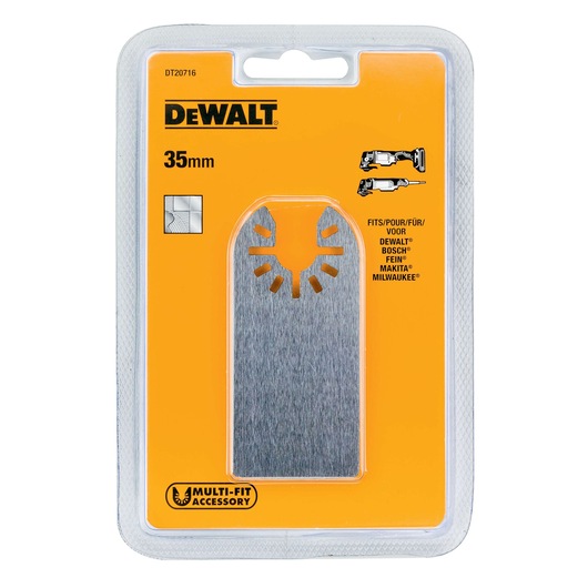 DEWALT DT20716 multi-fit accessory in original packaging. The product is a 35mm metal blade for oscillating tools, shown inside a clear plastic case with orange backing. Compatible tool brands listed on the package include DEWALT, Bosch, Fein, Makita, and Milwaukee.