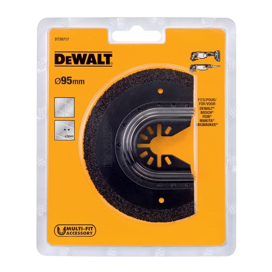 DEWALT DT20717 multi-fit accessory blade in retail packaging. The blade is 95mm in diameter and is suitable for cutting tile and similar materials. The packaging is yellow with the DEWALT branding, shows compatibility with several tool brands, and highlights the blade's features.