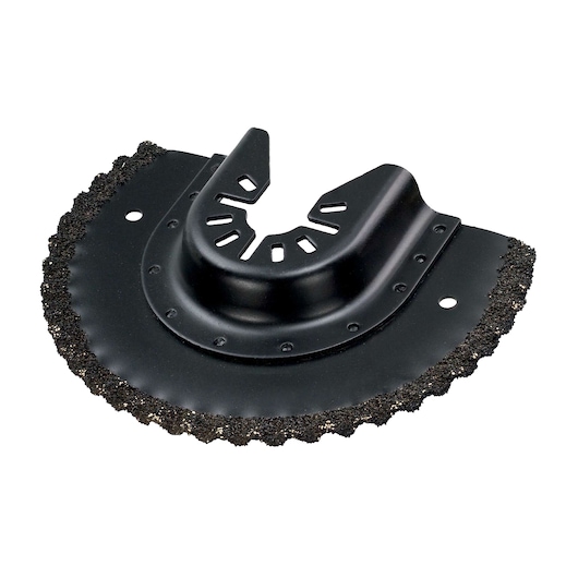 DEWALT DT20718 black semicircular saw blade with abrasive edge for multi-tool cutting.