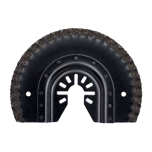 Semicircular DEWALT DT20718 carbide grit saw blade for cutting tiles, metal, and masonry with oscillating tools.