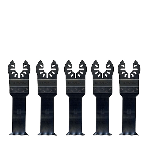 Five DEWALT multi-tool oscillating saw blades arranged in a row, designed for cutting wood and other materials.