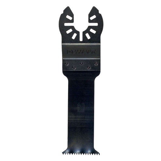Close-up view of a DEWALT DT20724 oscillating multitool saw blade accessory, showing its uniquely designed mounting end and serrated cutting edge.