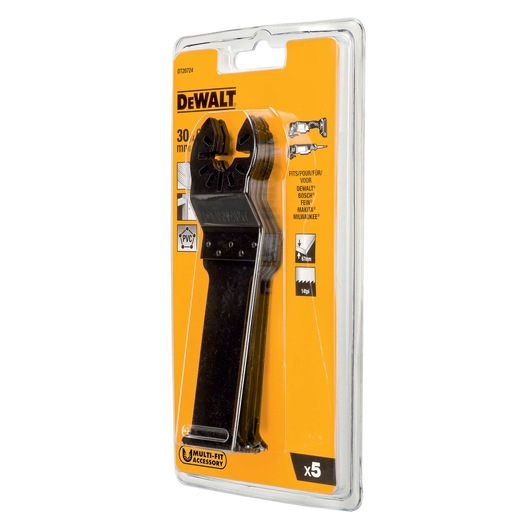 Packaged DEWALT DT20724 multi-fit accessory blades for oscillating tools, shown in a clear plastic and orange cardboard packaging. The pack contains five blades, suitable for cutting wood and PVC, and compatible with major brands like DEWALT, Bosch, Fein, Makita, and Milwaukee.