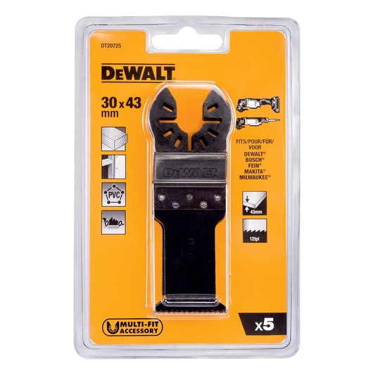 A DEWALT branded package containing a multi-fit accessory saw blade, model DT20725. The packaging is yellow and black and indicates the blade size is 30 x 43 mm. The pack includes five blades suitable for cutting wood and PVC, and compatible with DEWALT, Bosch, Fein, Makita, and Milwaukee tools.