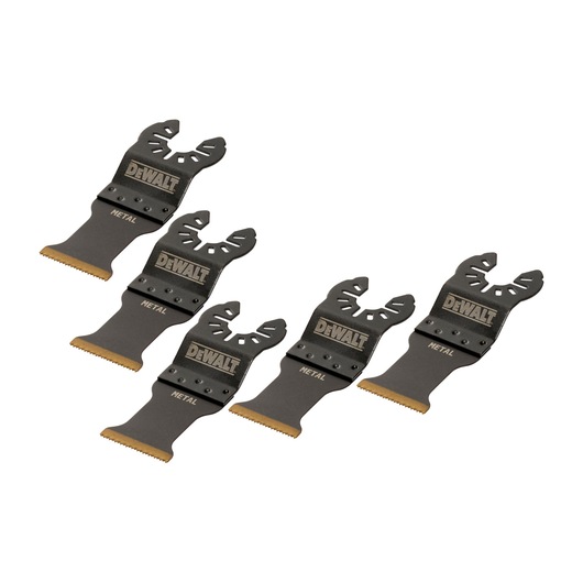 Four DEWALT metal cutting blades for oscillating tools, shown arranged in a row. The blades are labeled 'DEWALT' and 'METAL' and have a black finish with gold tips.